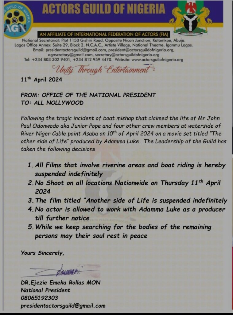 AGN memo on banning actors in acting in movies involving riverine area 