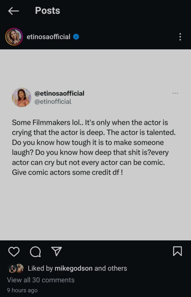 Etinosa Idemudia tackles filmmakers not crediting comic actors 